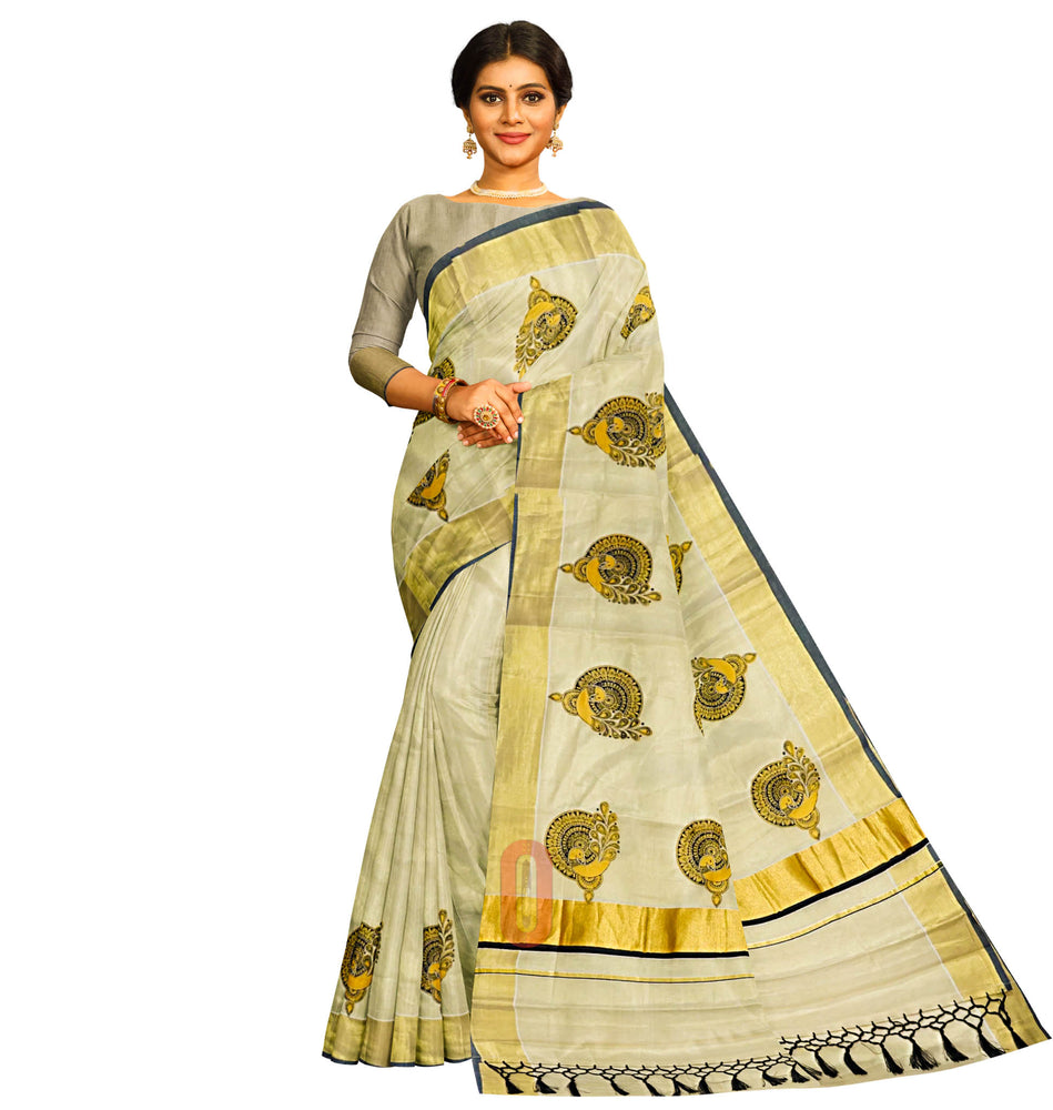 Womens Kerala Tissue Printed Gold Jari Border Saree OKS27