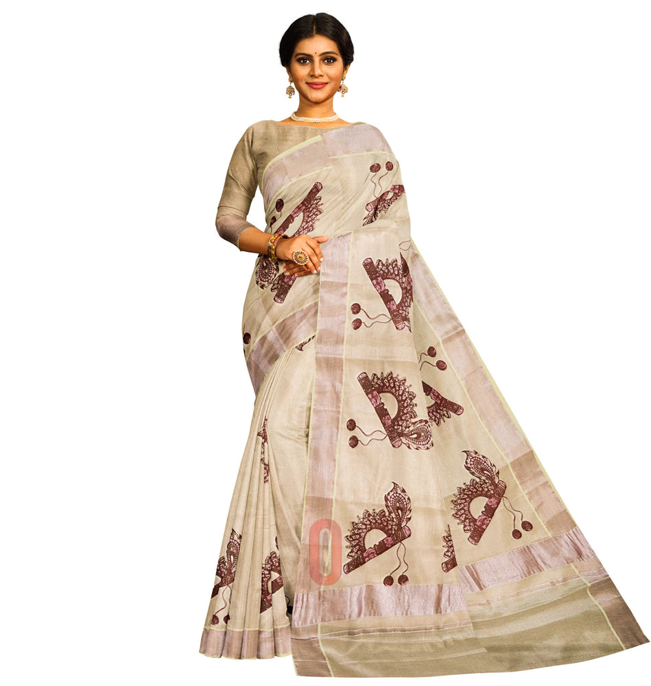 MAHESHWAR BEIGE BORDER SAREE WITH OFFWHITE TASSELES - Byhand